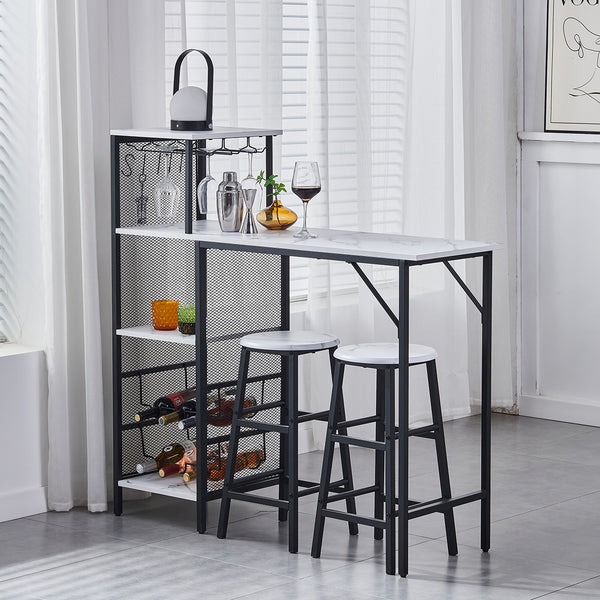 3pcs Bar Table and Stools Set, Kitchen Breakfast Bar Table and Chairs Set 2 with Cup Holder and Wine Rack, Bar Table Sets Furniture for Kitchen, Dining Room, Pub, Cafe