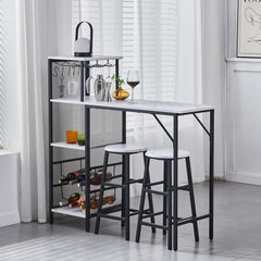 3pcs Bar Table and Stools Set, Kitchen Breakfast Bar Table and Chairs Set 2 with Cup Holder and Wine Rack, Bar Table Sets Furniture for Kitchen, Dining Room, Pub, Cafe