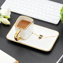 Porcelain Tea Cup and Saucer Set with Spoon, 310ml Handbag Style Ceramic Coffee Cup, High-Temperature Fired, Hand-Glazed with Gold Detailing