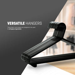 KEPLIN Adult Plastic Coat Hangers - 25Pk, Black Colour, Strong Clothes Hangers for Clothes Rail & Closet, Clothing Hanger with Suit Pants Trouser Bar and Clips, Space Saving, 37.5 Cm Wide