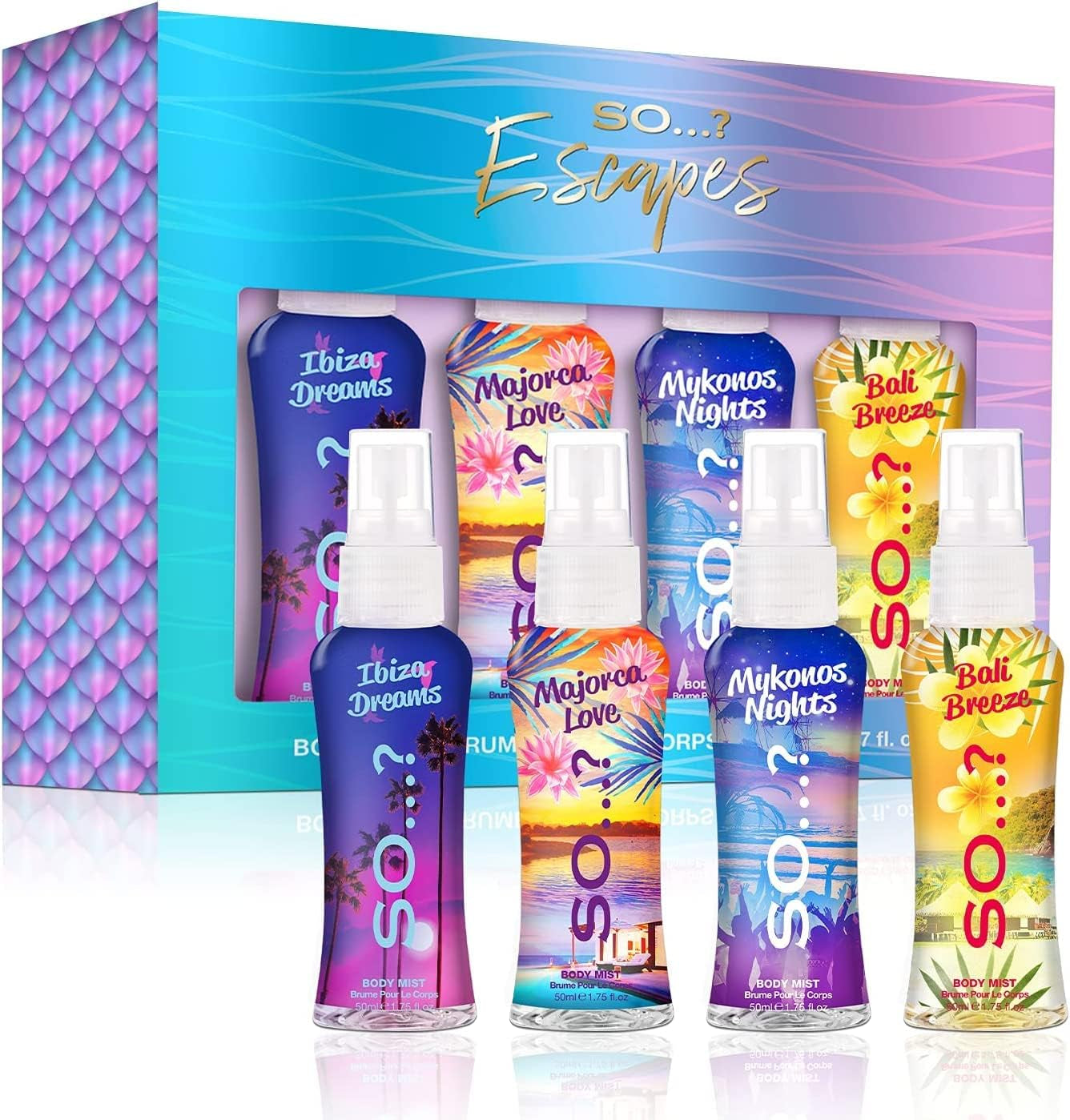 So…? Escapes Womens Gift Set, with Ibiza Dream, Bali Breeze, Mykonos Nights & Majorca Love, Fragrance Spray Set (4 X 50Ml)