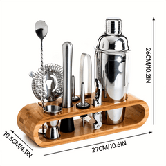 Mixology Bartender Kit Stainless Steel Cocktail Shaker Set with Wooden Stand, Bartender Kit 10 Pieces Bar Accessories for Home Bar Tools with a 25 oz Drink Shaker, Drink Mixer Plus Recipes