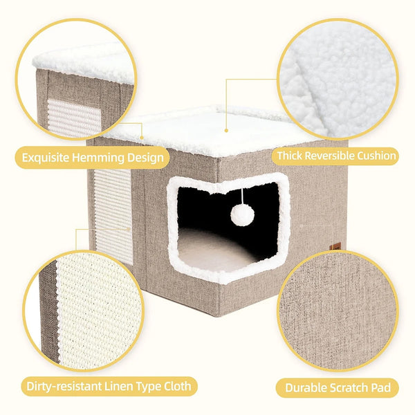 1pc Large Cat Cube House Cosy Foldable Bed Pet Cave Furry Soft Cushions Scratch Pads 42X42X36CM