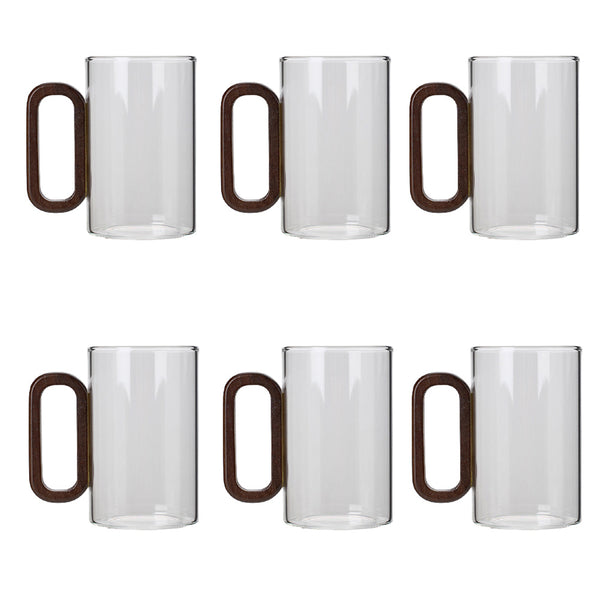6pcs High Borosilicate Transparent Glass Cups, 360ml Vintage Wood Handle Tea Cups, Heat-Resistant Household & Office Tea Cups, Multi-Purpose Coffee Cups, Beverage Cups, Milk Cups, Suitable for Home, Office, Bar
