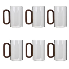 6pcs High Borosilicate Transparent Glass Cups, 360ml Vintage Wood Handle Tea Cups, Heat-Resistant Household & Office Tea Cups, Multi-Purpose Coffee Cups, Beverage Cups, Milk Cups, Suitable for Home, Office, Bar