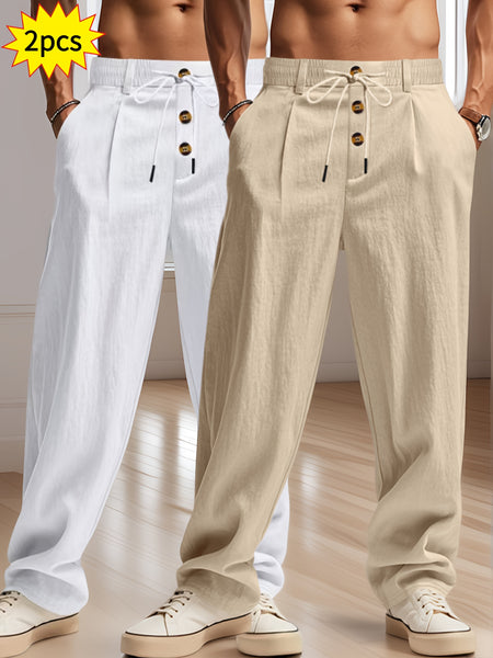 2pcs Men'S Linen Solid Color British Business Casual Straight Leg Pants with Drawstring Elastic Waistband And Button Design Casual Long Trousers Suitable for Outdoor Travel Fitness Exercise And Daily Wear Casual Outdoor Pants Linen Long Pants Lightw