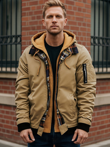 Pearson OBM Men'S Winter New Korean-Style Hooded Jacket, a Casual And Trendy Outerwear, Solid Color, Formal Style, with Zipper Details