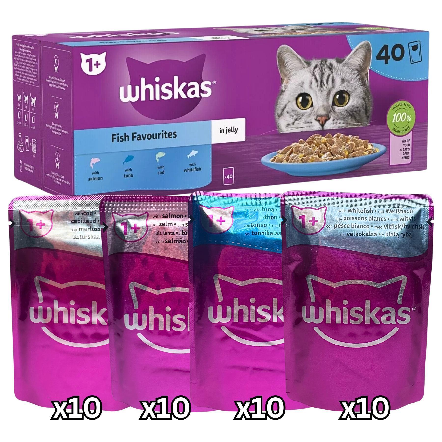 Whiskas Fish Favourites in Jelly 1+ Adult Cat food 85g x 40 (Flavours: 10x Whitefish, 10x Tuna, 10x Salmon,10x Cod)
