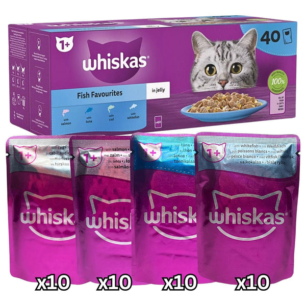 Whiskas Fish Favourites in Jelly 1+ Adult Cat food 85g x 40 (Flavours: 10x Whitefish, 10x Tuna, 10x Salmon,10x Cod)