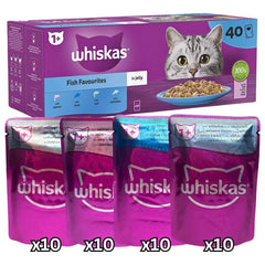 Whiskas Fish Favourites in Jelly 1+ Adult Cat food 85g x 40 (Flavours: 10x Whitefish, 10x Tuna, 10x Salmon,10x Cod)
