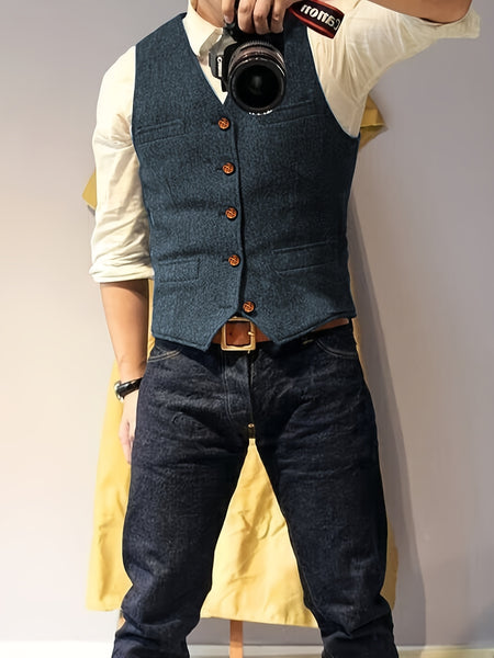 Men'S Vest Wool Blend Herringbone Vintage Men'S Fashion Vest, Groom Best Man Formal Wedding Party Casual Vest