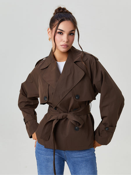 Women's Commuter Notch Lapel Double Breasted Detachable Belt Trench Coat, Elegant Plain Outerwear Jacket