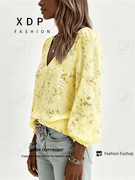 2D Flat Print Retro Western Style Shirt| V-neck Women's Long-sleeved Top with Colorful Small Floral Print, Bohemian Style Lantern Sleeve Design, Machine Washable, Suitable for Casual Attire and Vacations, 2D Flat