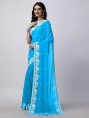 Estationeryhouse Women's Georgette Embroidery Border Work Designer Saree with Blouse Piece