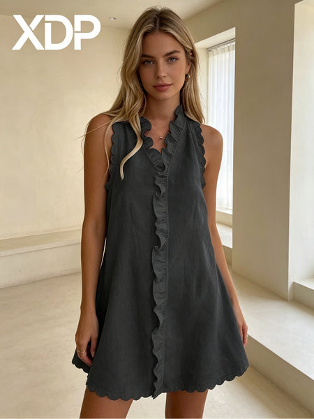Women's Scalloped Edge Ruffle V-Neck Mini Dress, Casual Sleeveless Swing Dress for Daily