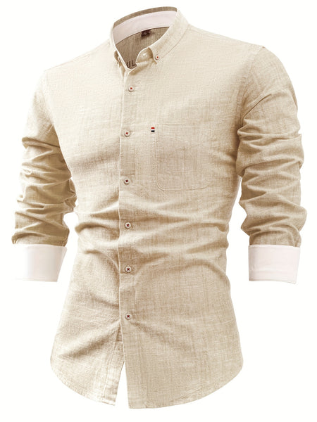 Linen Men'S Casual Shirt Long Sleeve Linen Solid Color Breathable Fashion Men'S Top Blouse Retro Open Front with Pockets
