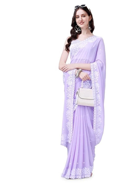 Estationeryhouse Women's Georgette Embroidery Border Work Designer Saree with Blouse Piece