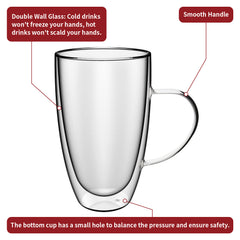 Vinsani Double Walled Coffee Drink Glasses Tea Cup Mug Heat Cold Resistant Aesthetic Clear Borosilicate Glass with Handle Cappuccino Latte Tea Dessert Hot and Cold Drinks
