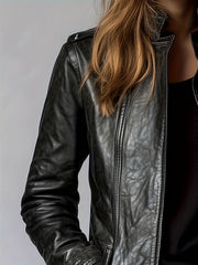 CHIDU Women's Jacket, PU, Retro Motorcycle Jacket Long-sleeved Jacket, Women's Long-sleeved Zipper Cardigan Stand-up Collar Design, Windproof Women's Jacket, Suitable for Spring, Autumn And Winter Jackets, Pockets, Global ALL, Casual Women's Jacket