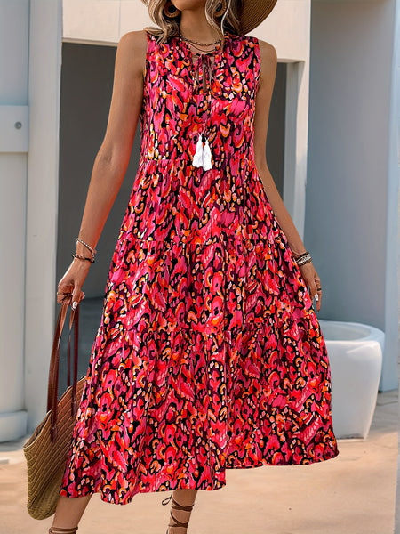 Spring/Summer Vacation Women'S Sleeveless Bohemian Style Fringed Tie-Up Printed Dress