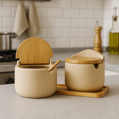 2-Piece Japanese Style Ceramic Spice Jars Set with Bamboo & Wood Lids – Kitchen Storage Containers for Salt, Sugar, Coffee & Tea | Airtight & Stylish Pantry Organisers for Home & Restaurants