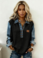 Women'S Colour-Block Denim Collar Top | Loose-fit Long-sleeved Half-buttoned Drop-shoulder Top with Retro-style Label Embellished, Ideal for Everyday Outings, Light Commuting, Relaxed Dates, and Vintage-inspired Leisure Looks | Slight Stretch Fabric