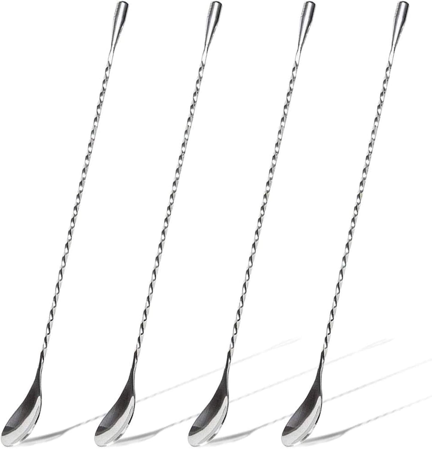 HQCM 4PCS Cocktail Stirrers, 304 Stainless Steel Long Handle Mixing Spoon Teaspoons Shaker Spoons Tea Drink Mixer Latte Glasses Stirrer for Bar Home DIY Coffee Design, Silver 11.85Inch