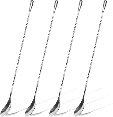 HQCM 4PCS Cocktail Stirrers, 304 Stainless Steel Long Handle Mixing Spoon Teaspoons Shaker Spoons Tea Drink Mixer Latte Glasses Stirrer for Bar Home DIY Coffee Design, Silver 11.85Inch