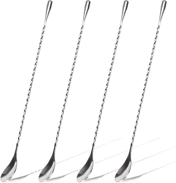 HQCM 4PCS Cocktail Stirrers, 304 Stainless Steel Long Handle Mixing Spoon Teaspoons Shaker Spoons Tea Drink Mixer Latte Glasses Stirrer for Bar Home DIY Coffee Design, Silver 11.85Inch