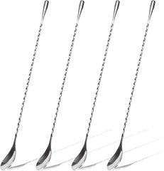 HQCM 4PCS Cocktail Stirrers, 304 Stainless Steel Long Handle Mixing Spoon Teaspoons Shaker Spoons Tea Drink Mixer Latte Glasses Stirrer for Bar Home DIY Coffee Design, Silver 11.85Inch