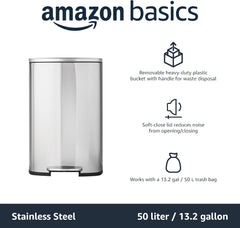 Amazon Basics Rectangular Kitchen Bin with Steel Bar Pedal, Soft-Closing Mechanism for Home and Office Use, 50 L/13.2 Gallon, Satin Nickel Finish