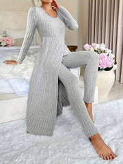 Design Sense Round Neck Slit Long Sleeve Base Top for Women; Two-piece Set with Trousers; Ribbed