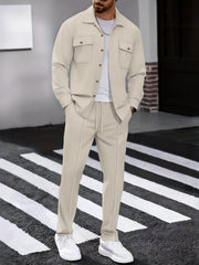 Men's Two-Piece Set, Autumn-Winter Casual Fashion Beach Dual Pocket Turn Collar Long Sleeve Shirt + Trousers Outfit for Fall/Winter Hawaiian Vacation