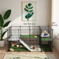 2-Floor Metal Pet Playpen, 36 Grid Panels, Customisable Cage Enclosure for Small Animals, Guinea Pigs Hamster Runs, Rabbit Hutches, Includes Mallet, Indoor, 143 x 73 x 71 cm, White/Black