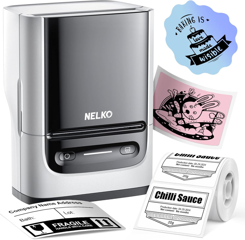Nelko PM220 Bluetooth Thermal Label Printer, 2 Inch Portable Label Maker Machine for Ios & Android Phone, Sticker Printer for Clothing, Retail, Address, Barcode, Home, with 1 Roll 40X30Mm（White）