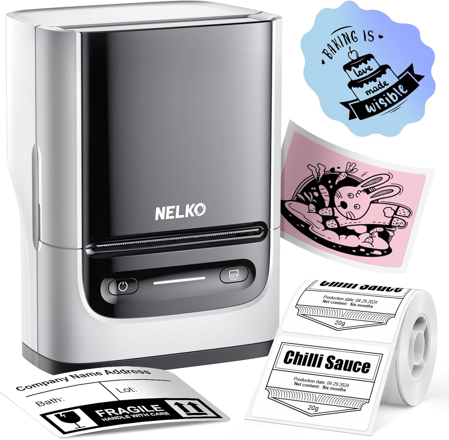 Nelko PM220 Bluetooth Thermal Label Printer, 2 Inch Portable Label Maker Machine for Ios & Android Phone, Sticker Printer for Clothing, Retail, Address, Barcode, Home, with 1 Roll 40X30Mm（White）