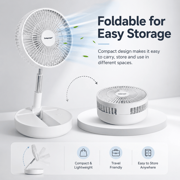A2Z 8 Inch Rechargeable USB Foldable Desk Fan – Portable White Cooling Fan with Adjustable Height & Tilt, 5-Blade Quiet Operation, LED Indicator & Compact Design for Home, Office & Travel Use