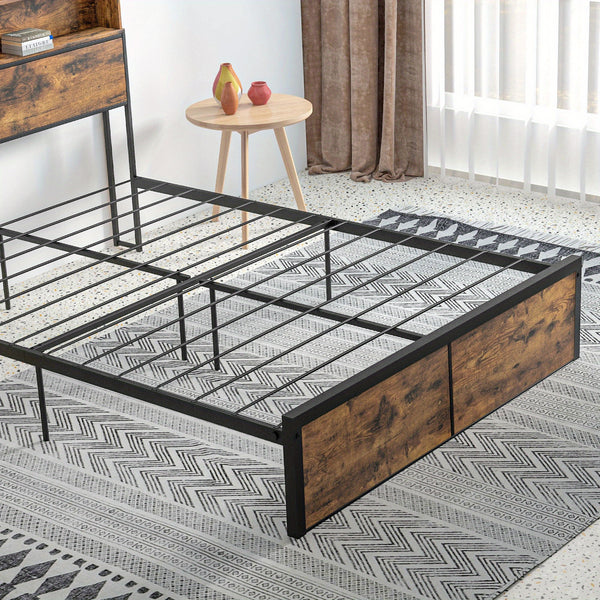 Industrial Double Bed Frame, 4. 8FT Steel Bed Base with Storage Headboard, Footboard, Slatted Support and Under Bed Storage, 145 x 209cm, Rustic Brown