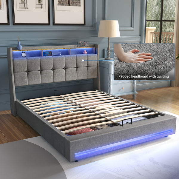 Upholstered Ottoman Bed/ 4 Drawer Storage Bed, 4ft6 Double Bed Frame with Storage & LED & USB, Gas Lift Up Storage Bed Hydraulic Upholstered Bed with Storage Headboard&Slats, Linen, No Mattress, Grey (Optional Purchase Of Mattress)