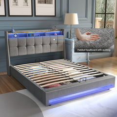 Upholstered Ottoman Bed/ 4 Drawer Storage Bed, 4ft6 Double Bed Frame with Storage & LED & USB, Gas Lift Up Storage Bed Hydraulic Upholstered Bed with Storage Headboard&Slats, Linen, No Mattress, Grey (Optional Purchase Of Mattress)