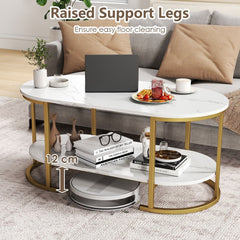 GYMAX White Faux Marble Coffee Table, 2-Tier Modern Oval Center Table with Open Storage Shelf, Gold Metal Frame Cocktail Table for Living Room, Bedroom