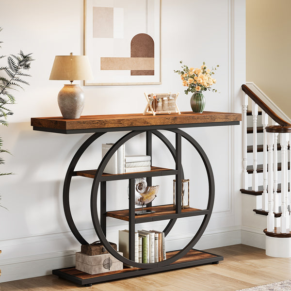 Four Story Console Table Slim Hallway, Entrance Table with Circular Base, Narrow Wooden Decorative Table with Storage Rack, Console Table for Living Room.