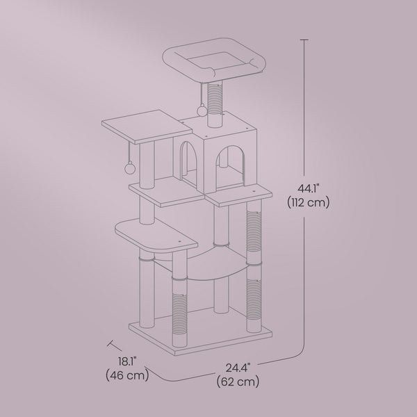 112 cm Cat Tree, Multi-Level Soft Plush Cat Tree, Cat Tower Condo with 4 Cat Scratching Posts, Hammock, Cave, Platform, Toys, Pink/White/Beige/Grey, Easy Assembly and Sturdy, Indoor Cat Furniture