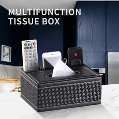 Multi-Functional Faux Leather Tissue & Storage Box with 4 Compartments, Includes Remote Control & Household Napkin Storage, Wipe-Clean in Seconds, Ideal for Living Room, Study & Café Countertops, Perfect for Home Supplies, Back to School & Festive Decorat