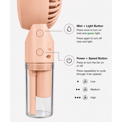 Portable USB Rechargeable Mist Fan with Adjustable Speeds, Humidifier, and LED Light – Compact and Stylish Handheld Fan for Personal Cooling