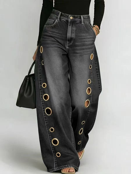Women's Retro High Elasticity Denim Pants with Metal Circles Design- Long Versatile Jeans for Women, High-waist Trousers, Trendy Womens Clothes for Summer, All Seasons Style, Fabric, Hand Washable, Slim Fit, Suit for Daily Wear