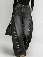 Women's Retro High Elasticity Denim Pants with Metal Circles Design- Long Versatile Jeans for Women, High-waist Trousers, Trendy Womens Clothes for Summer, All Seasons Style, Fabric, Hand Washable, Slim Fit, Suit for Daily Wear