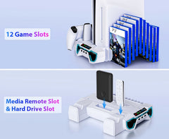 For Ps5/Slim/Pro Cooling Station And Controller Charging Station with RGB Stand for Playstation 5 Console - for PS5 Controller Charger, Cooling Stand Accessory Kit-Cooler Fan/Headset Holder/3 USB Hub, White