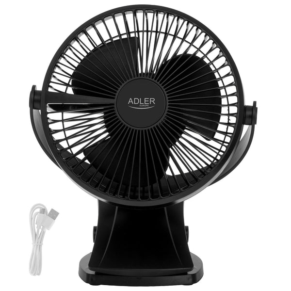 Desk fan with clip, rechargeable, 15.5 cm, 360° rotation, USB-C, Adler