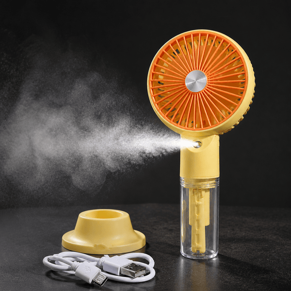 Portable USB Rechargeable Mist Fan with Adjustable Speeds, Humidifier, and LED Light – Compact and Stylish Handheld Fan for Personal Cooling